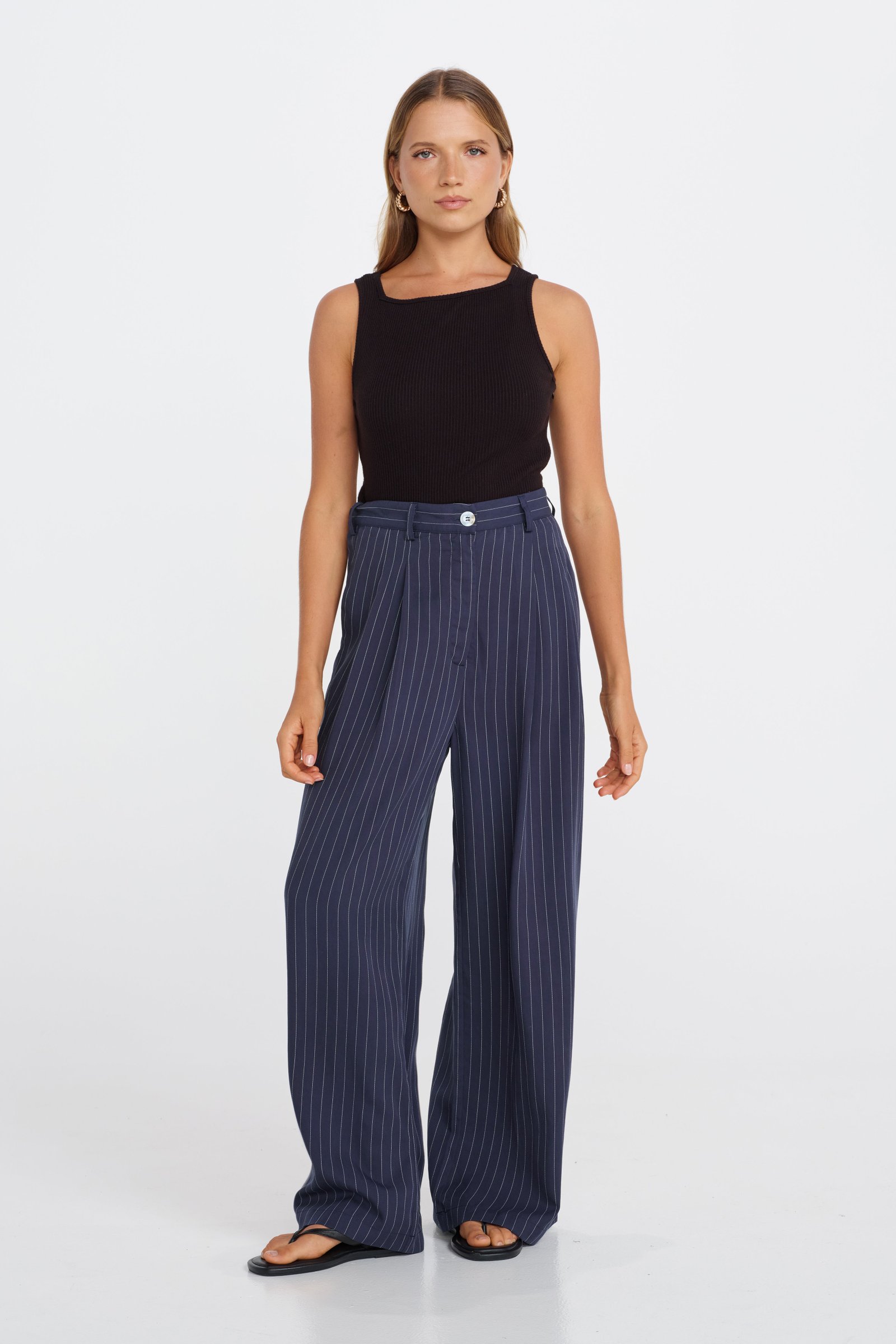 Bambi Pinstripe Adjustable Wide Leg Pant - Navy / White - Image 3