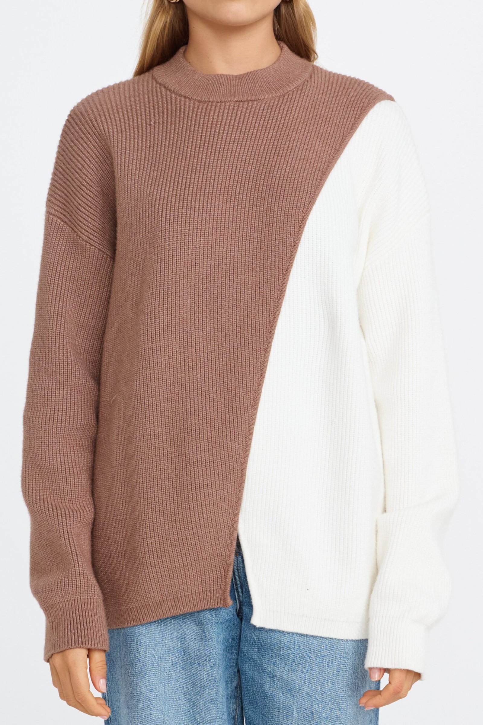 Gia Wrap Knit Jumper - Mocha / Off-White - Image 3