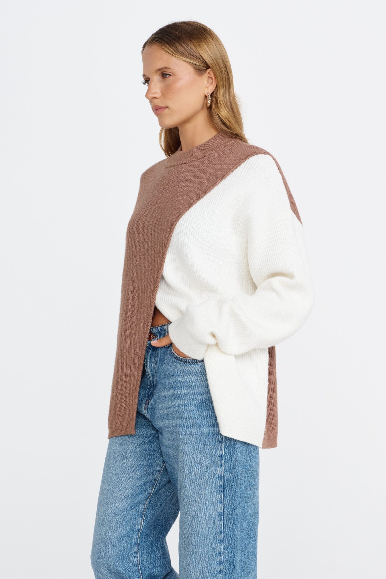 Gia Wrap Knit Jumper - Mocha / Off-White - Image 8