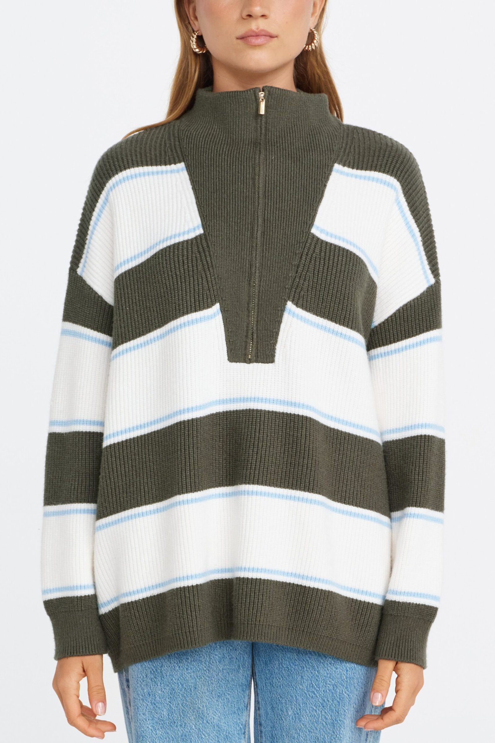 Beatrix Zip Knit Jumper - Green / White / Blue - Image 3