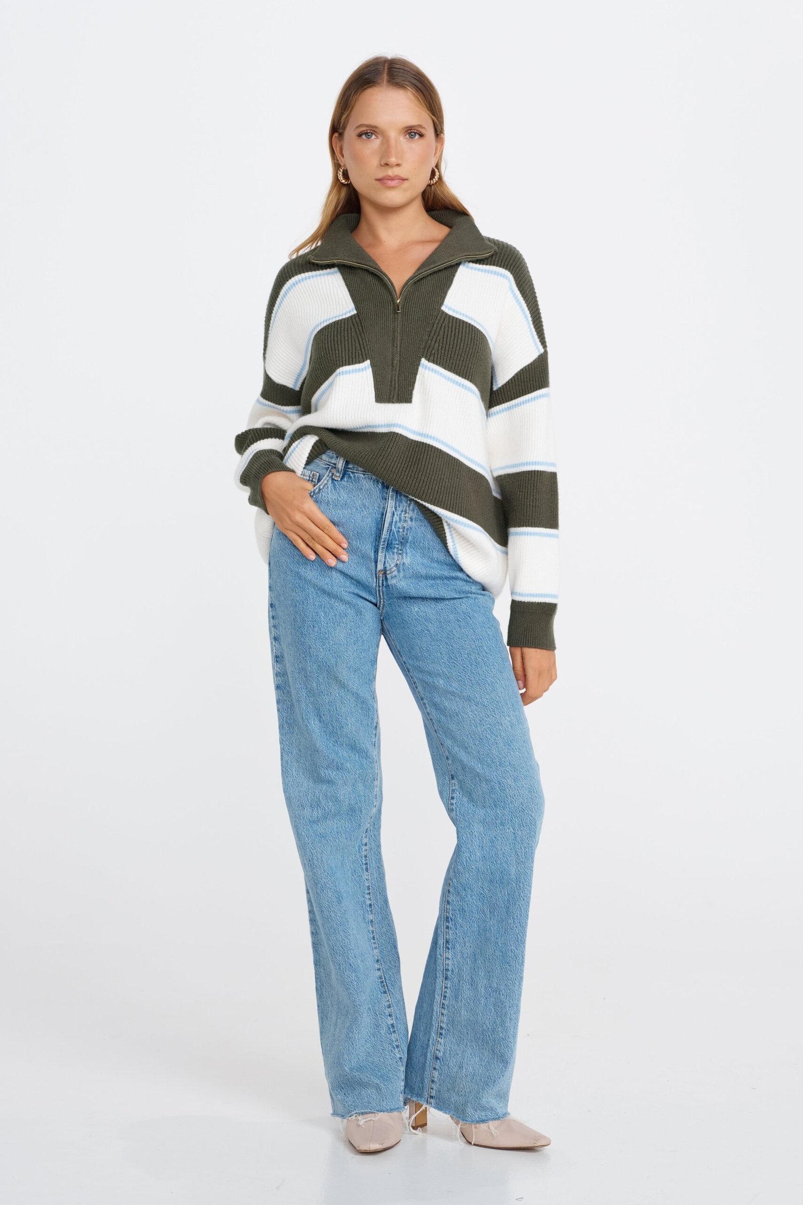 Beatrix Zip Knit Jumper - Green / White / Blue