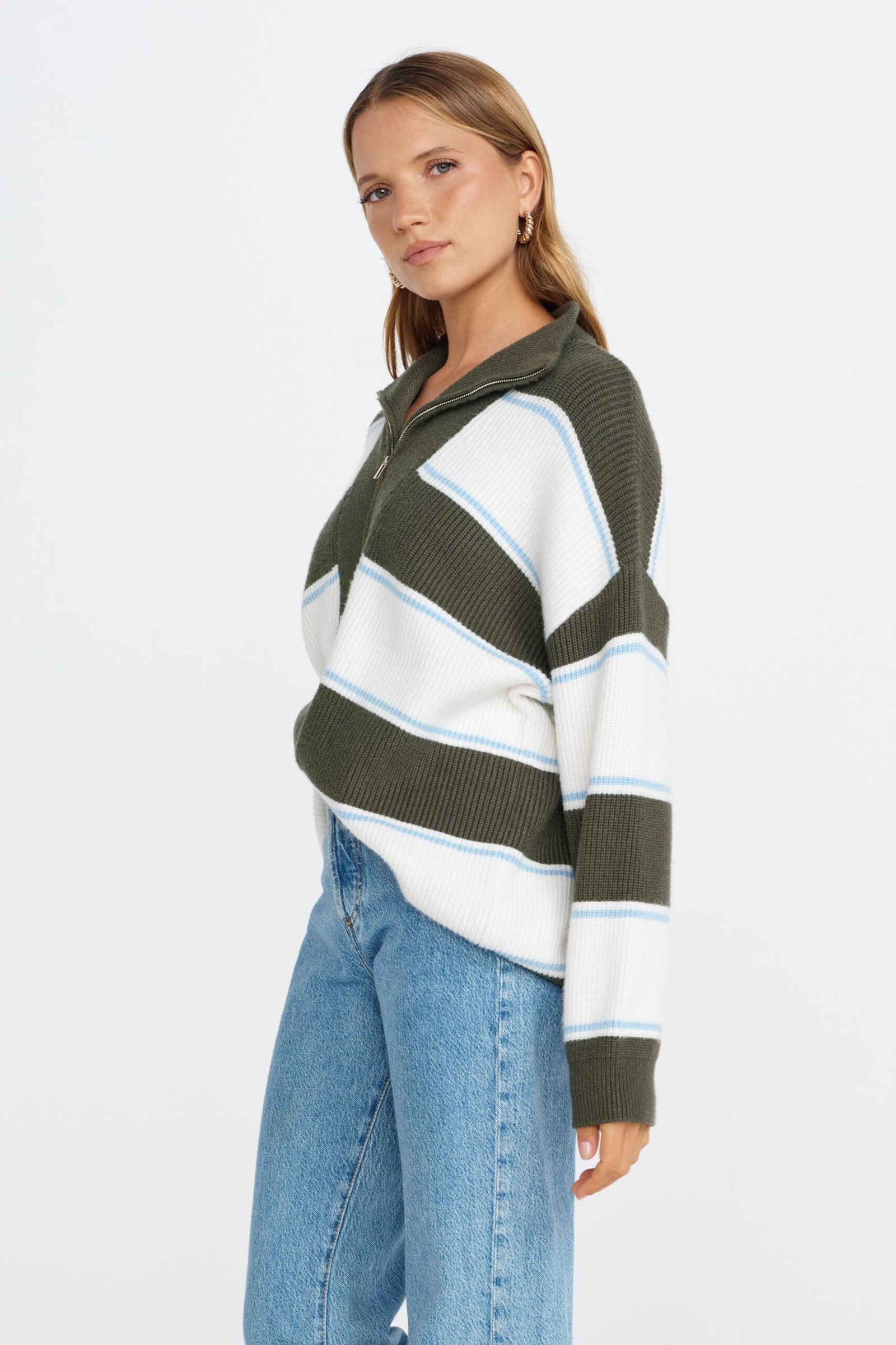 Beatrix Zip Knit Jumper - Green / White / Blue - Image 7
